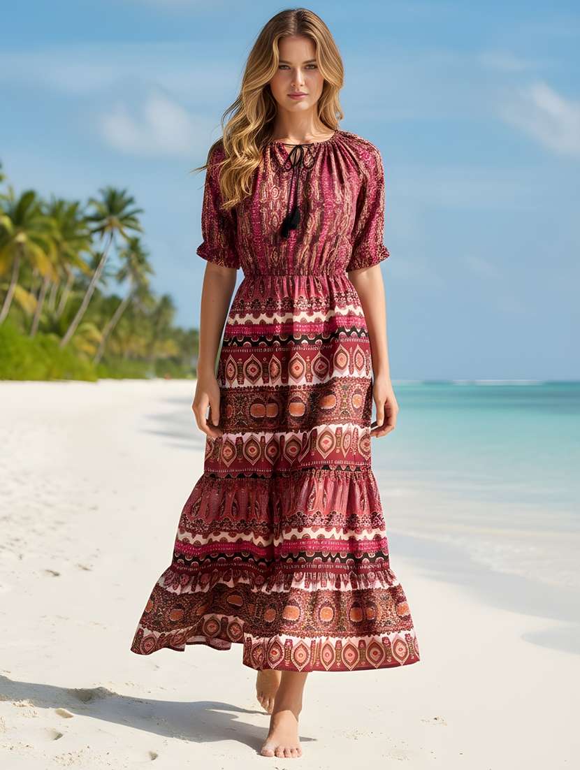 women printed maxi tie-up neck tiered dress - 22453495 -  Standard Image - 1