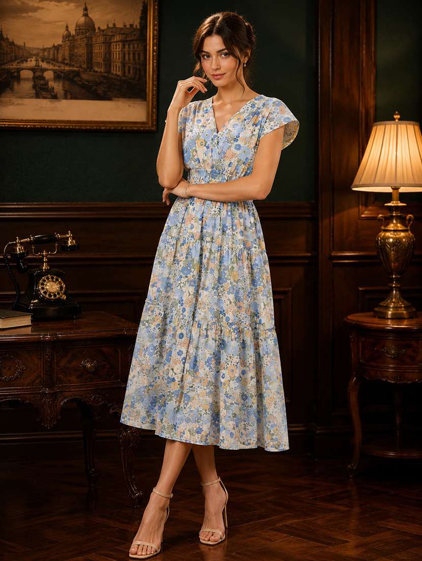 women floral cotton tiered dress v neck