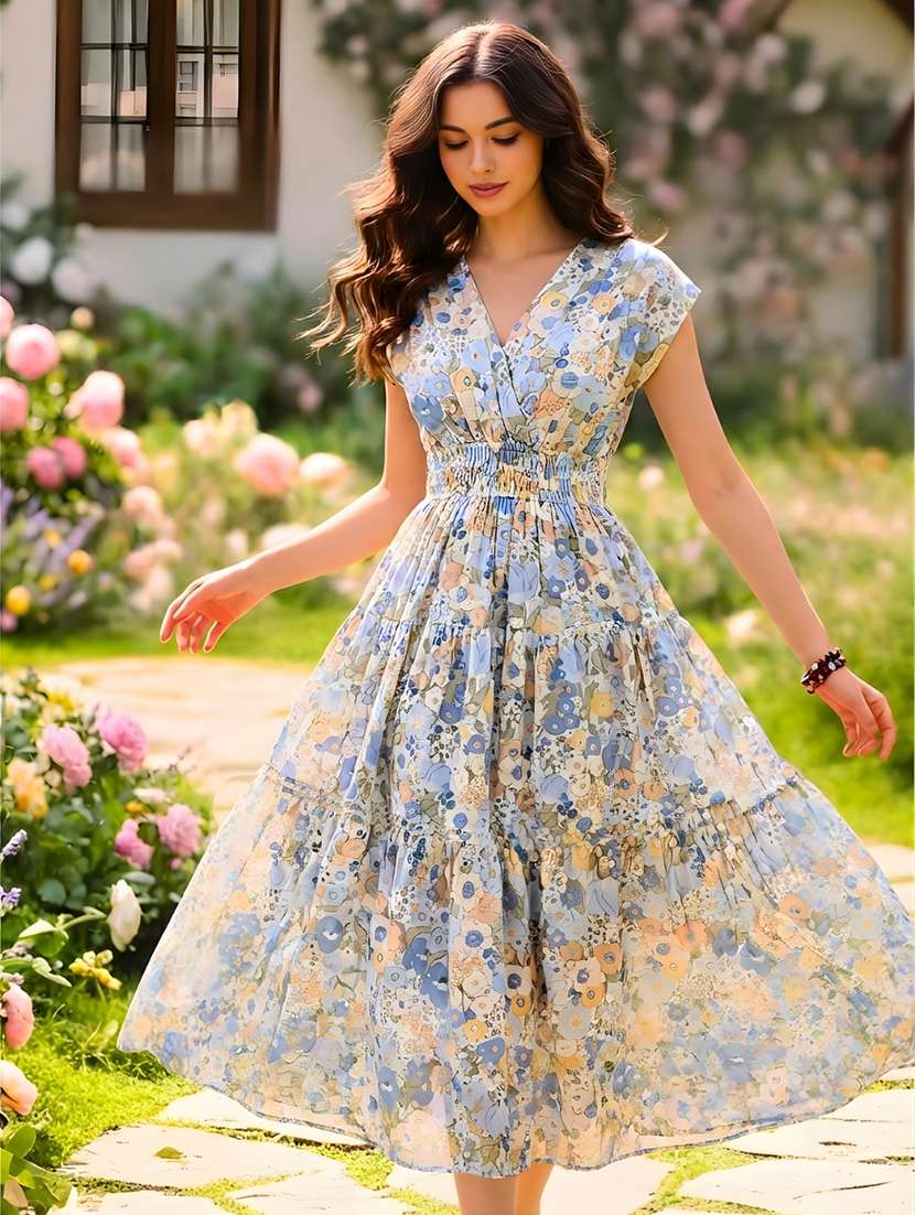 women floral cotton tiered dress v neck - 22453496 -  Standard Image - 1