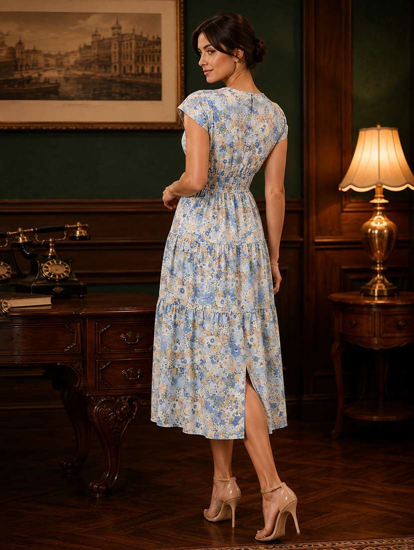 women floral cotton tiered dress v neck - 22453496 -  Standard Image - 4