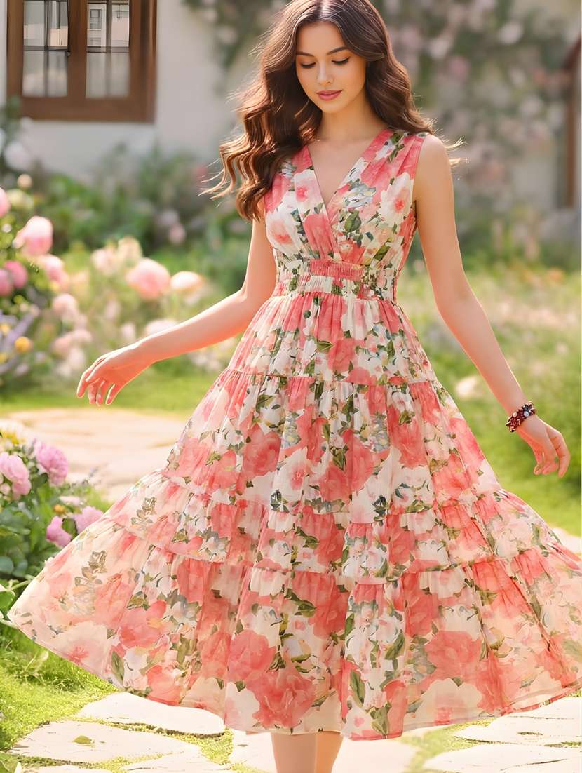 women floral tiered v neck cotton dress - 22453497 -  Standard Image - 1
