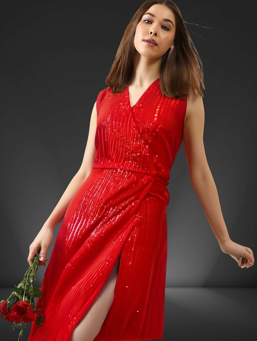 women red polyester wrap dress with sequin - 22453508 -  Standard Image - 1