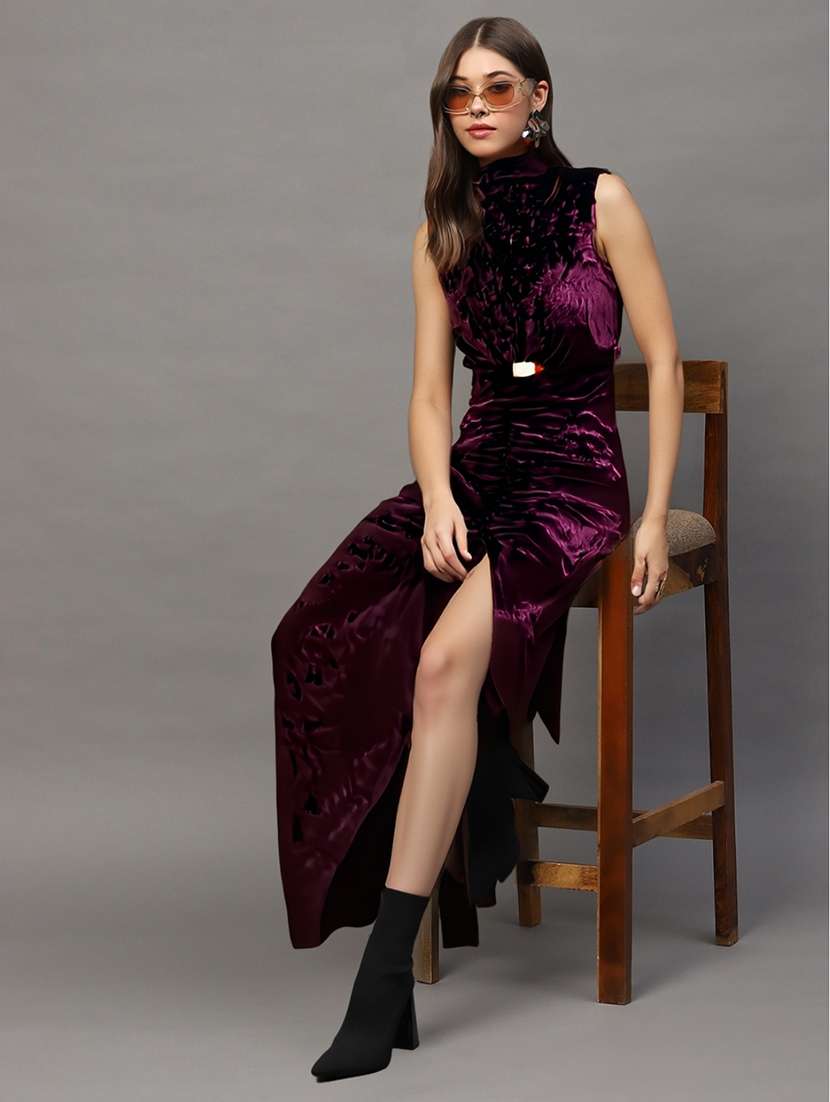 women solid burgundy bodycon high neck dress - 22453511 -  Standard Image - 1
