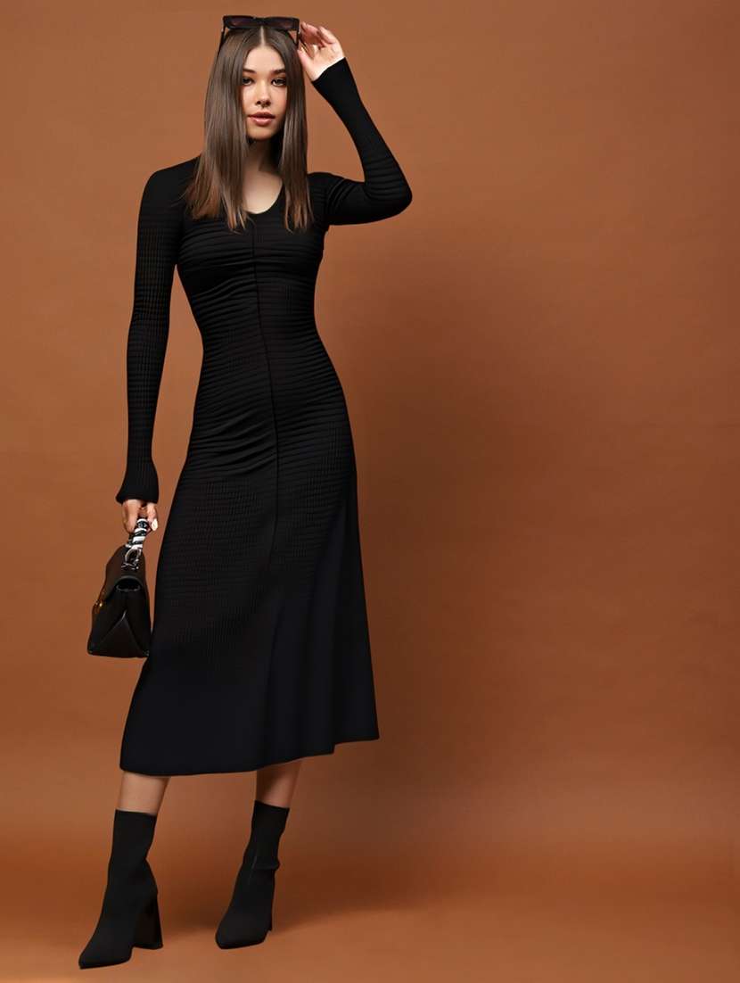 women black a-line solid polyester midi dress - 22453512 -  Standard Image - 4
