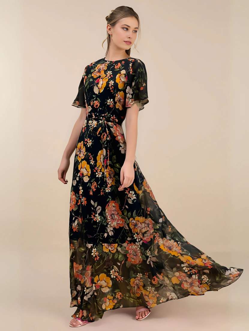 women floral black polyester fit & flare dress - 22453517 -  Standard Image - 1