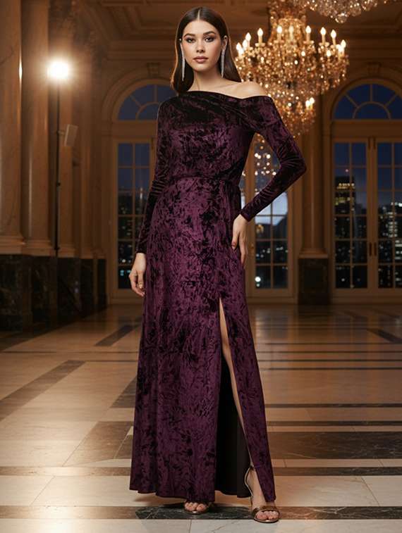 women single shoulder velvet maxi dress - 22453533 -  Standard Image - 1