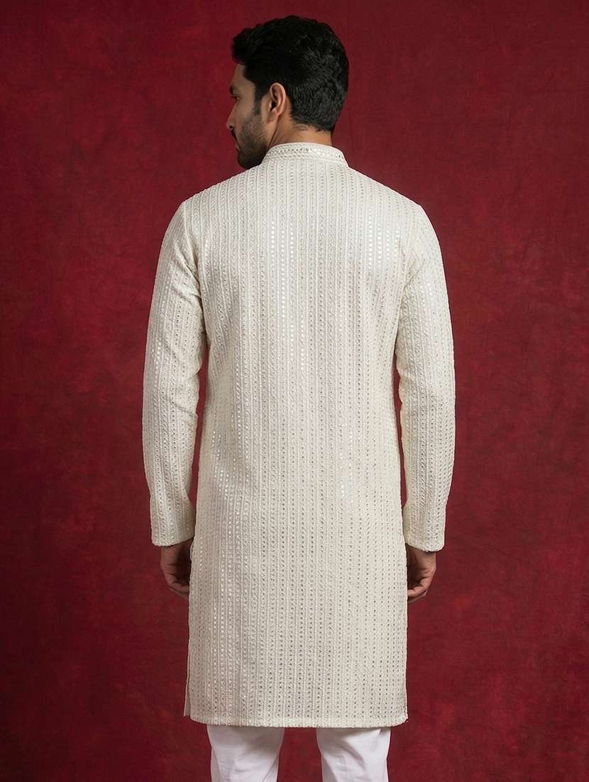 men solid with work mandarin neck long kurta - 22453637 -  Standard Image - 4