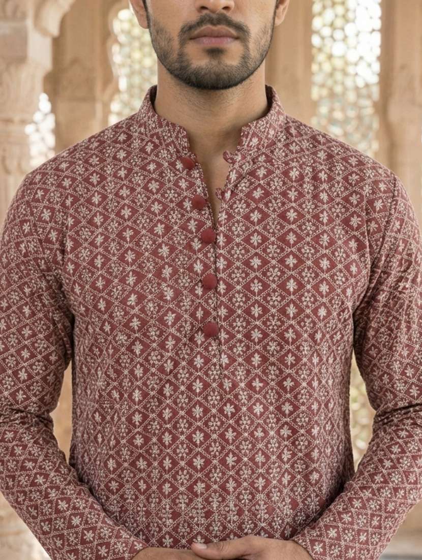 men solid with work mandarin neck long kurta - 22453649 -  Standard Image - 1