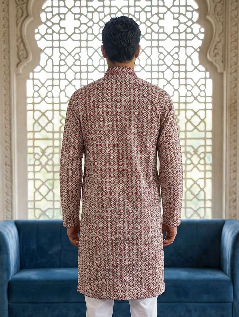 men solid with work mandarin neck long kurta - 22453649 -  Standard Image - 4