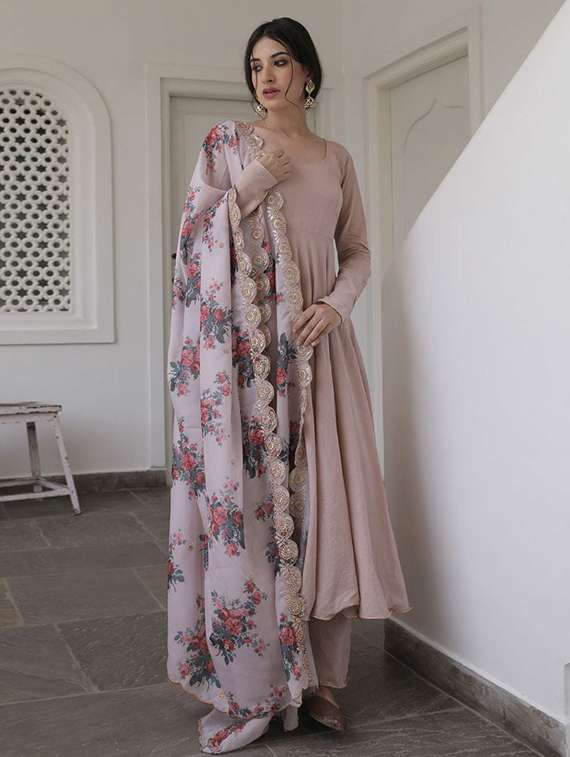 women solid beige kurta pant set