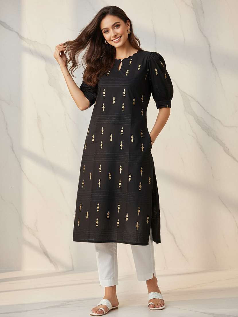 women black silk straight kurta - 22453778 -  Standard Image - 1