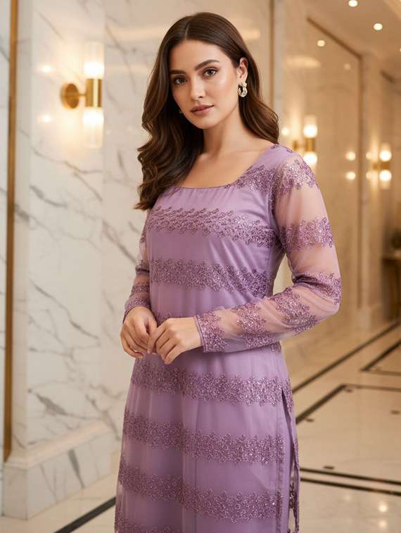 women lavender net straight kurta - 22453780 -  Standard Image - 1
