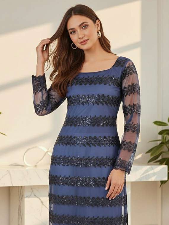 women blue net straight kurta - 22453781 -  Standard Image - 1