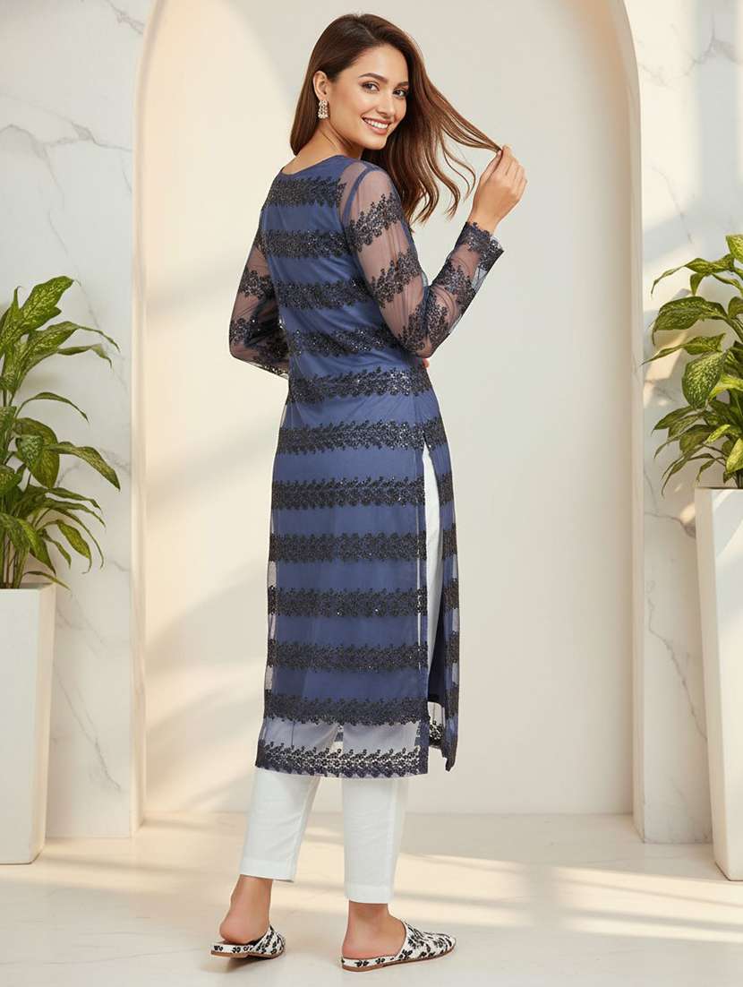 women blue net straight kurta - 22453781 -  Standard Image - 4