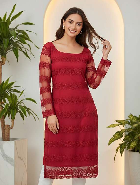 women red net straight kurta - 22453782 -  Standard Image - 1