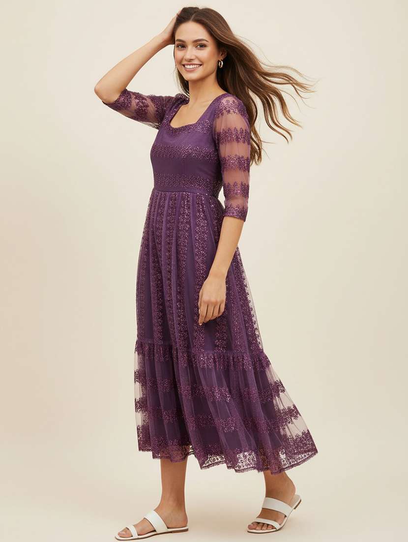 women lavender net fit & flare dress - 22453783 -  Standard Image - 1