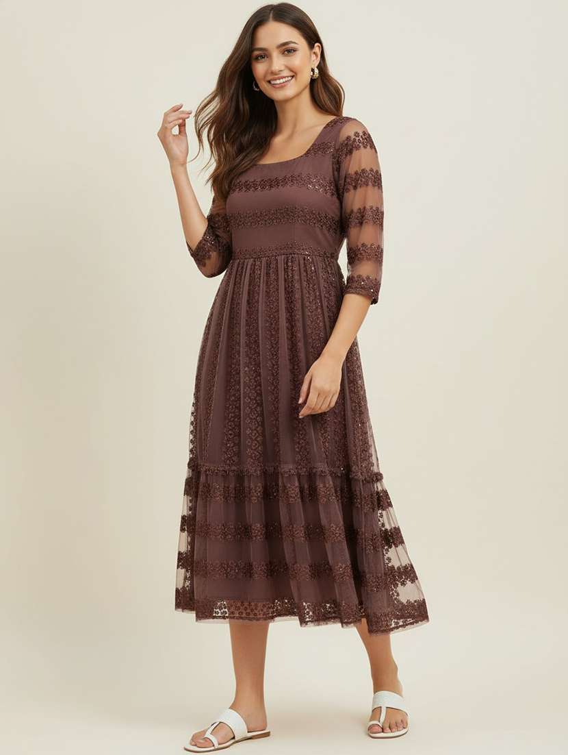 women brown net fit & flare dress - 22453784 -  Standard Image - 1