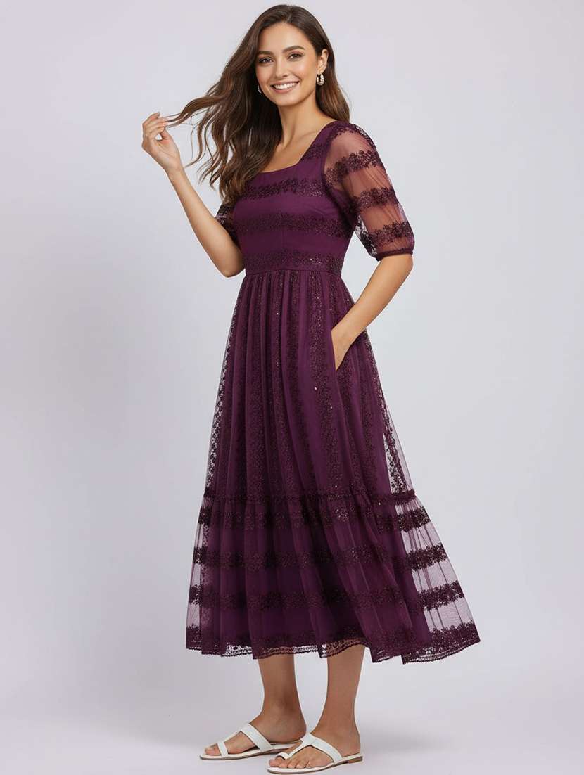 women burgundy net fit & flare dress - 22453785 -  Standard Image - 1