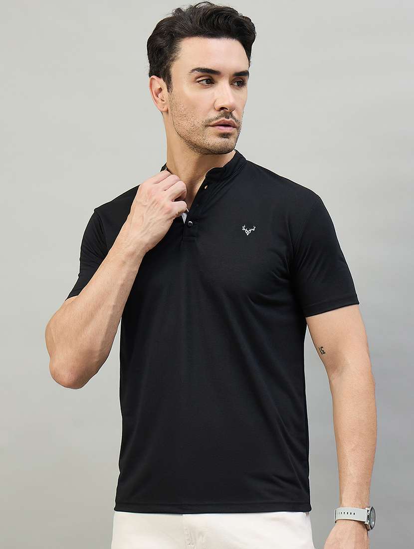 men solid black cotton blend plain t-shirt