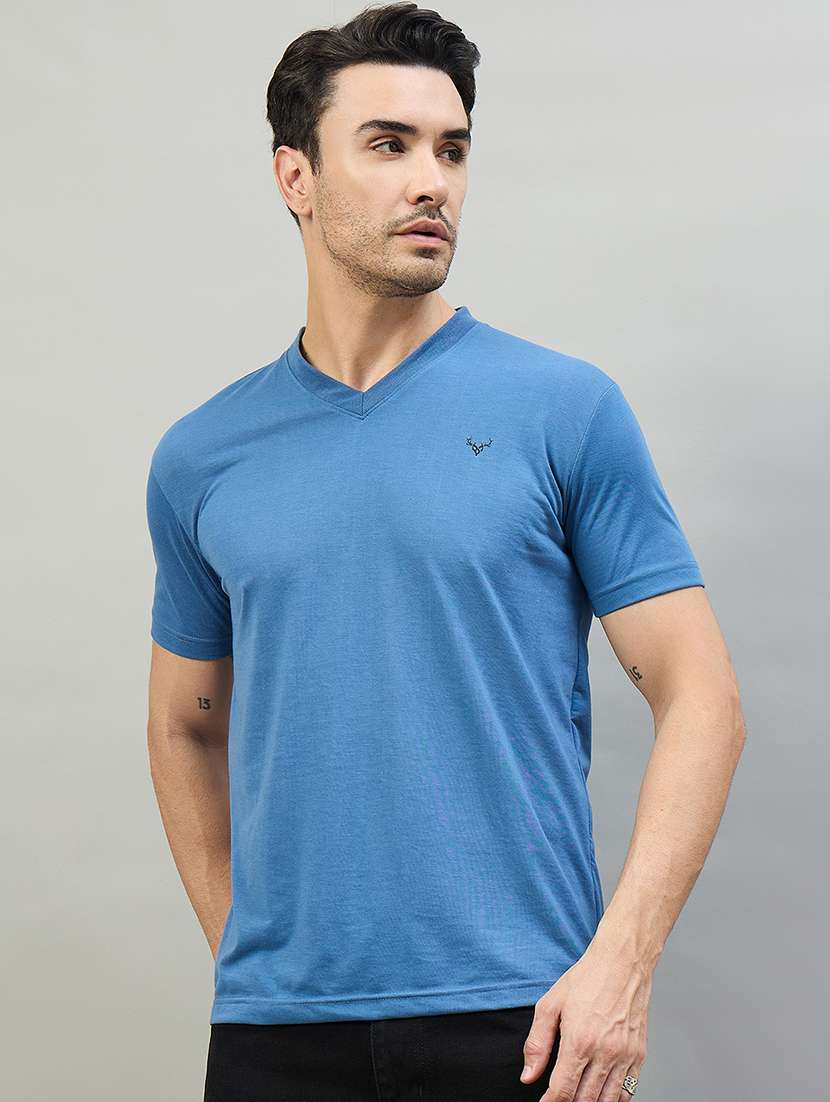 men blue cotton blend plain t-shirt