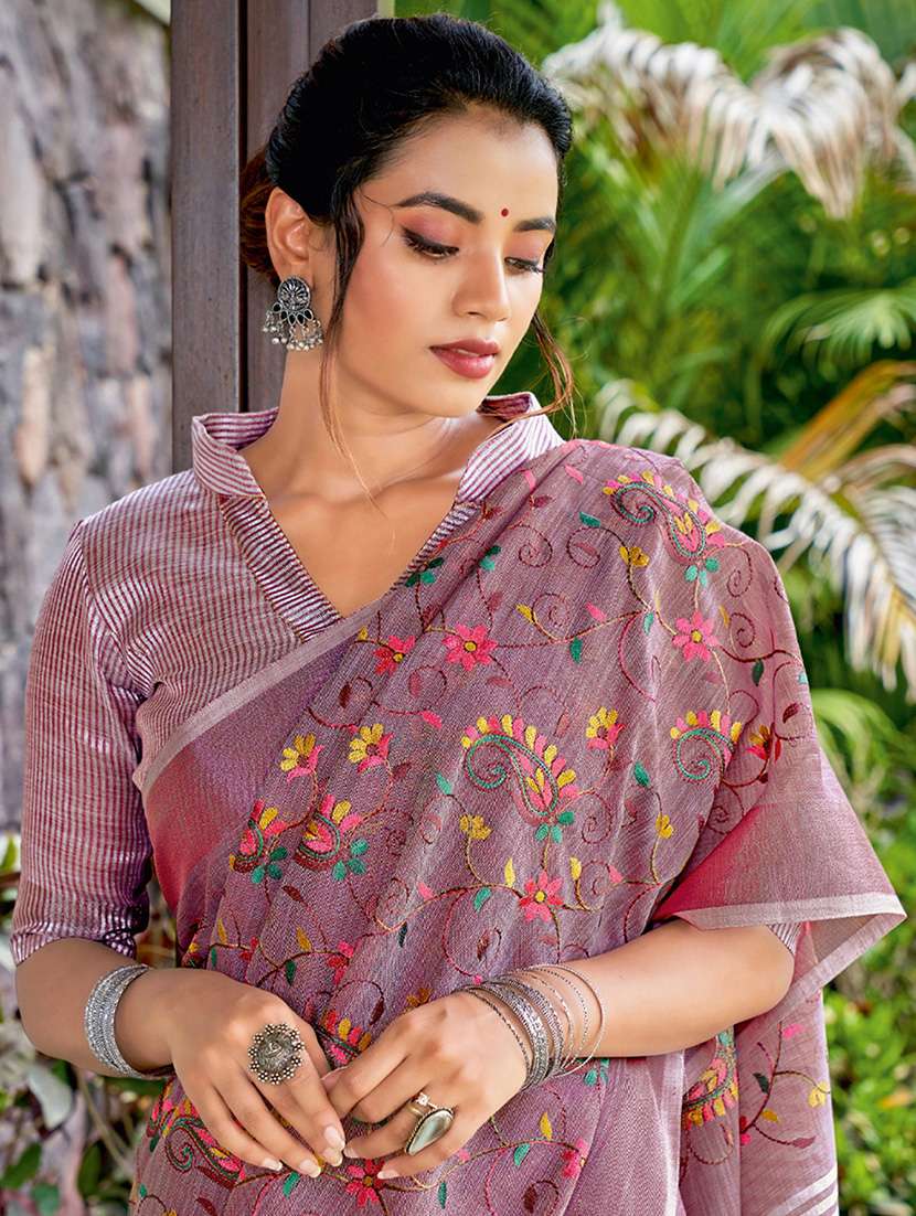 women solid with work embroidered saree with blouse - 22453916 -  Standard Image - 1