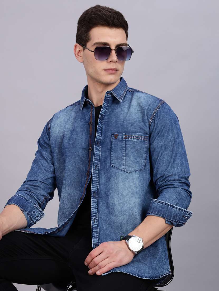 men solid long sleeve regular fit denim shirt