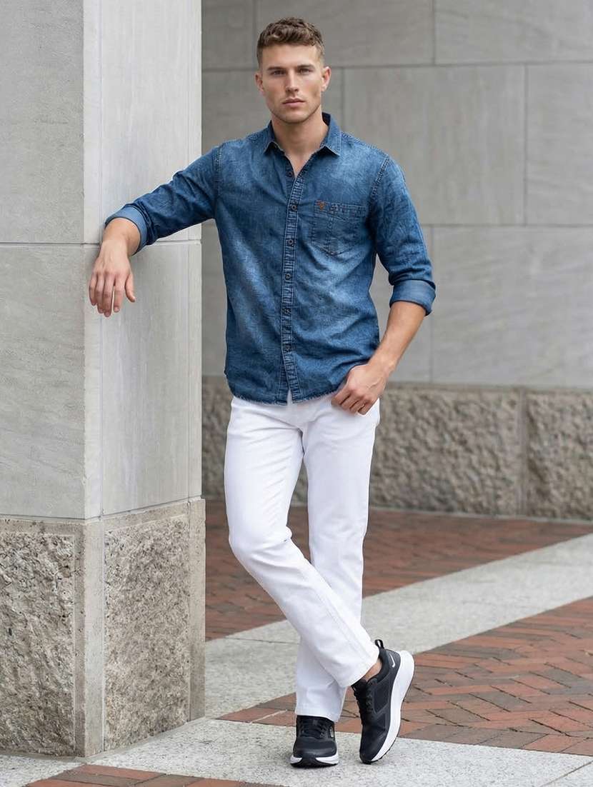 men solid long sleeve regular fit denim shirt - 22453921 -  Standard Image - 4