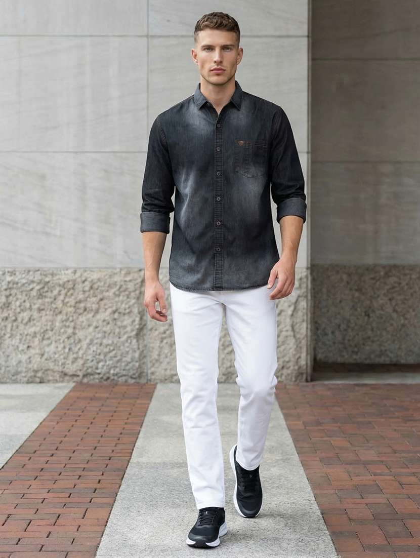 men solid long sleeve regular fit denim shirt - 22453922 -  Standard Image - 4