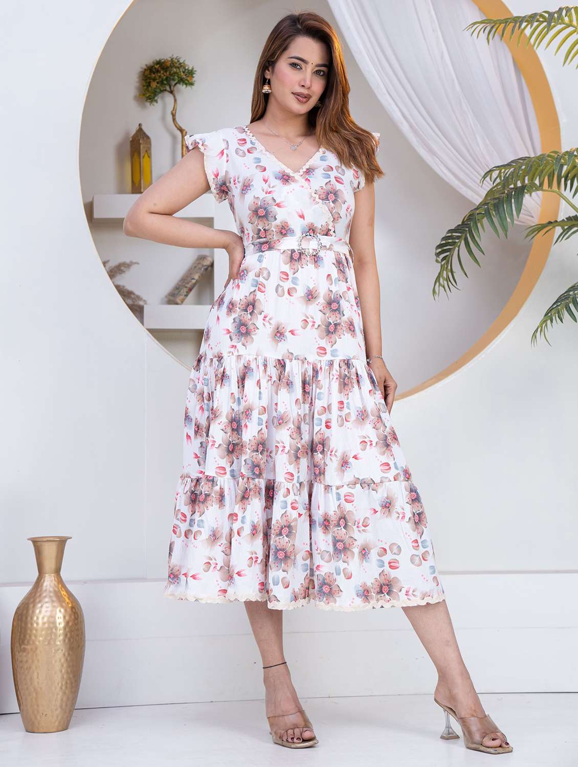 women floral v-neck tiered midi dress belted
