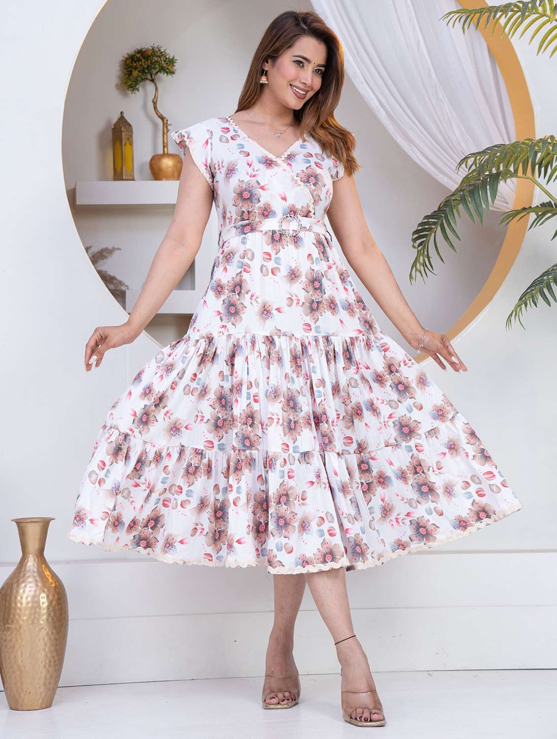 women floral v-neck tiered midi dress belted - 22453929 -  Standard Image - 4