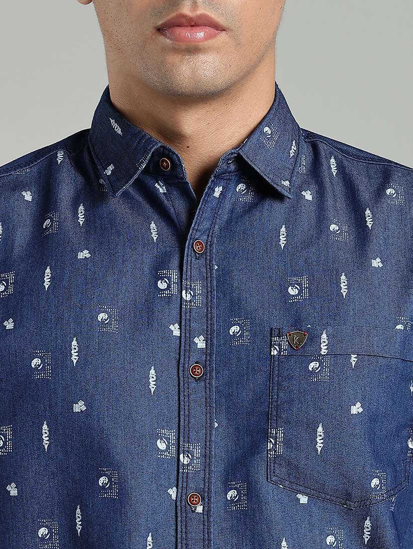 men printed short sleeve regular fit denim shirt - 22453936 -  Standard Image - 1