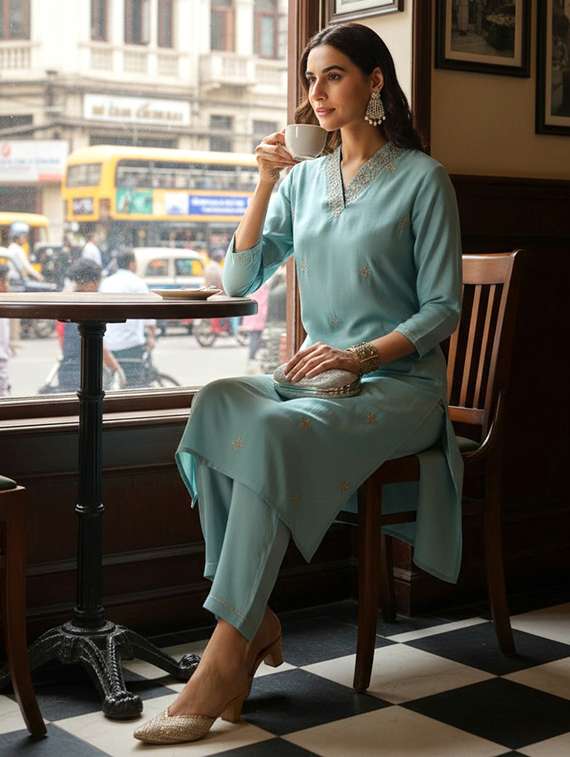 women light blue kurta pant set - 22453938 -  Standard Image - 4