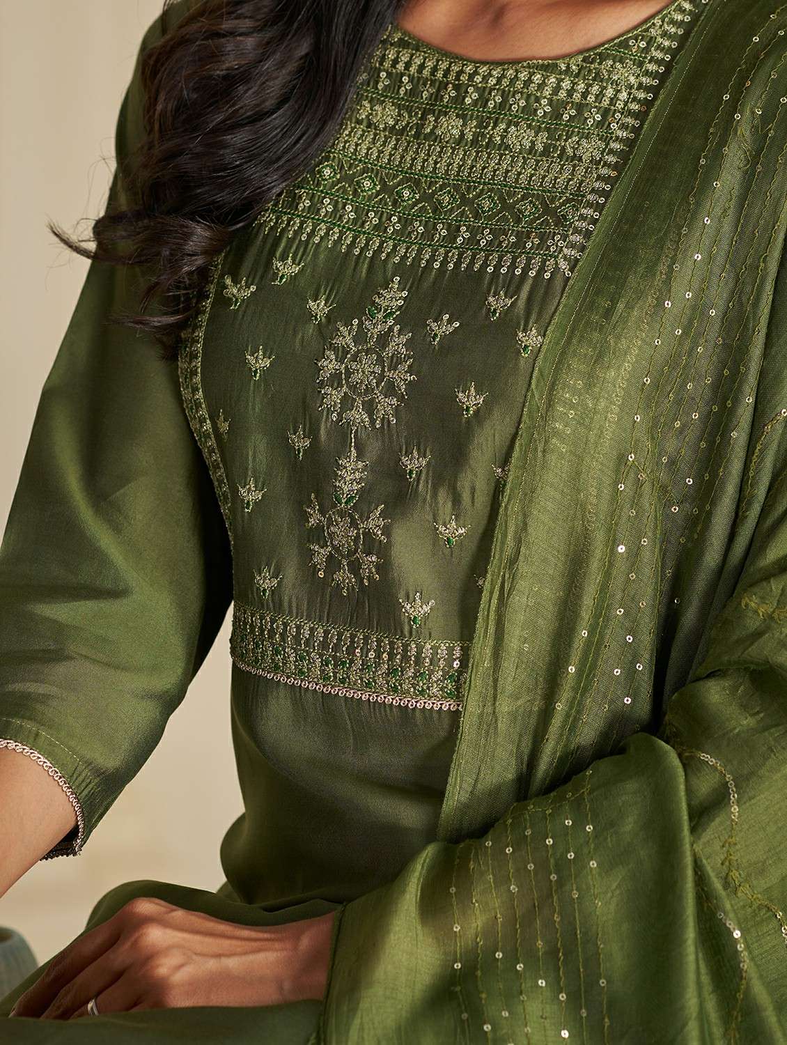 women self design green suit set - 22453941 -  Standard Image - 1