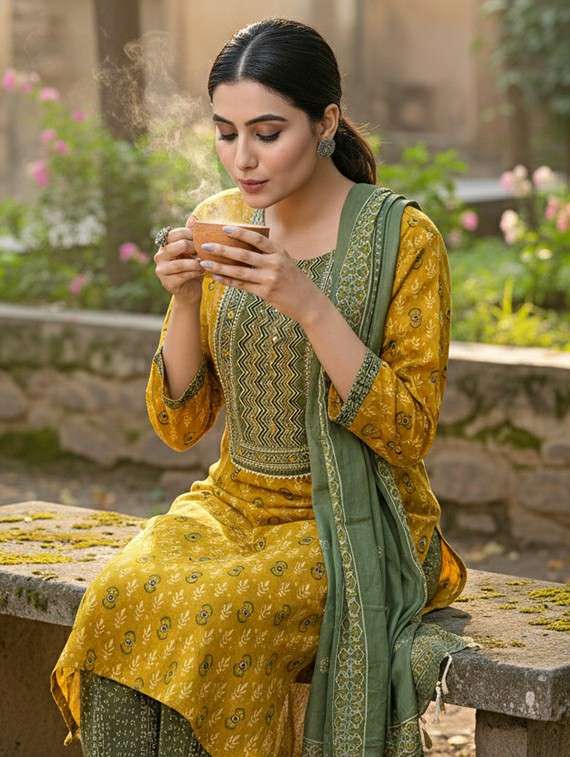 women  self design mustard suit set - 22453953 -  Standard Image - 1