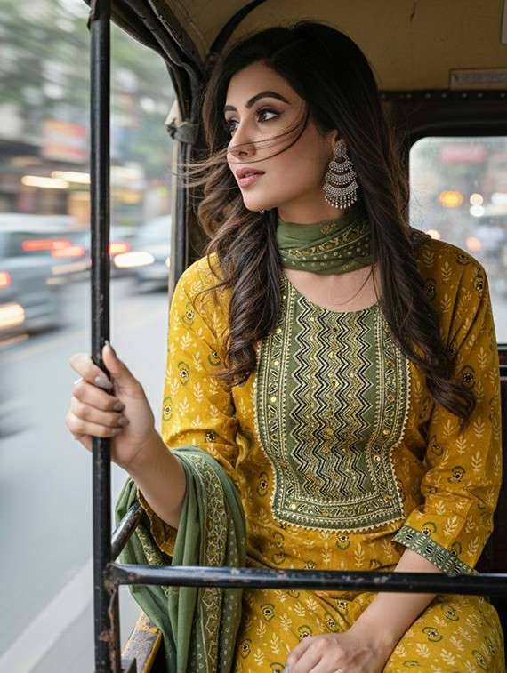 women  self design mustard suit set - 22453953 -  Standard Image - 4