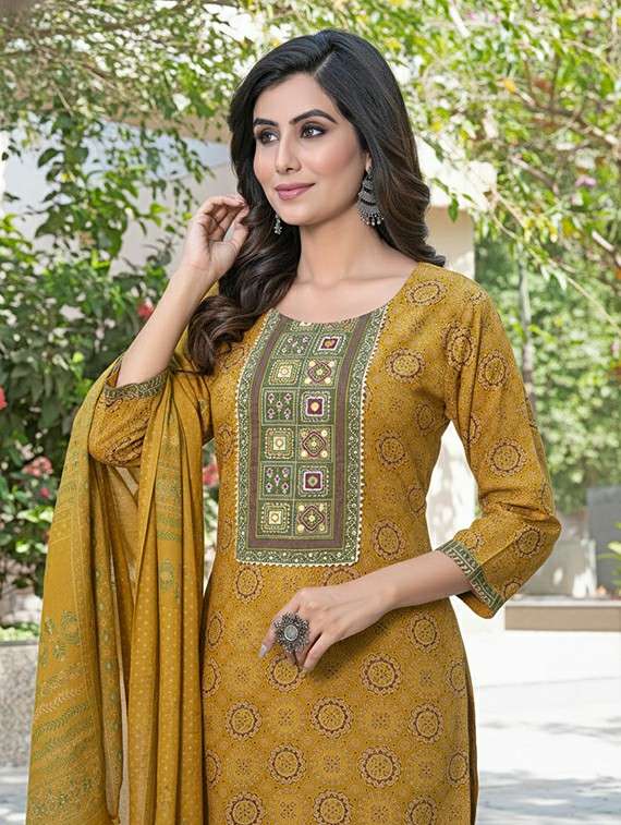 women self design mustard suit set - 22453955 -  Standard Image - 1