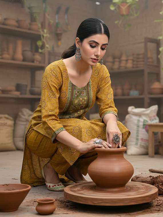 women self design mustard suit set - 22453955 -  Standard Image - 4