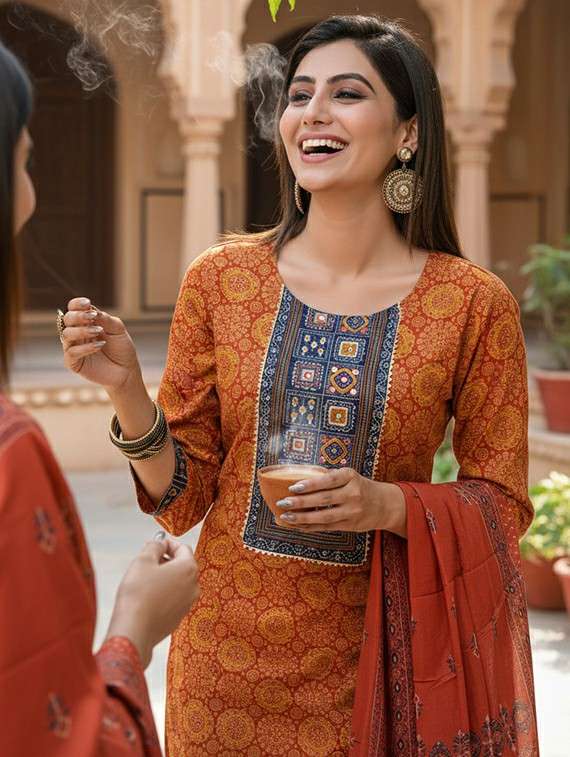 women self design rust suit set - 22453956 -  Standard Image - 1