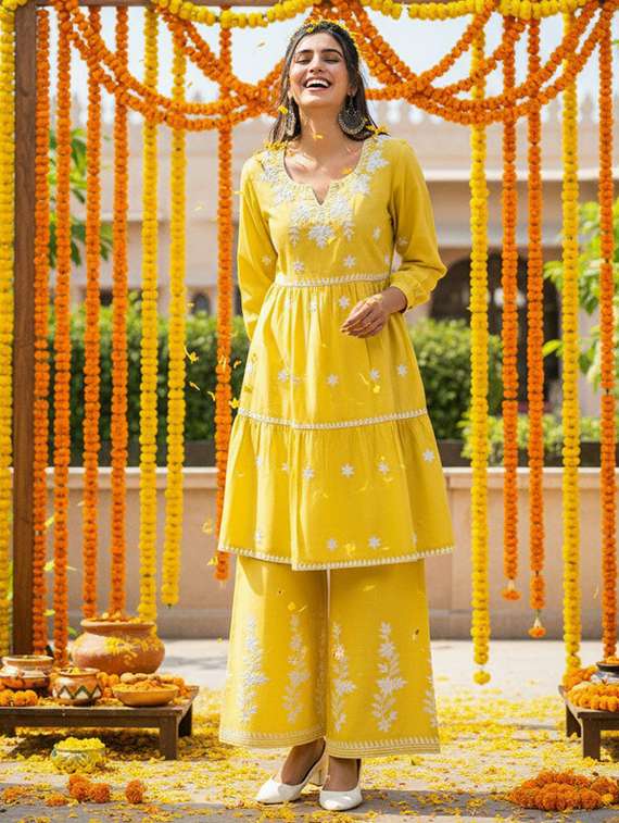 women mustard kurta sharara set
