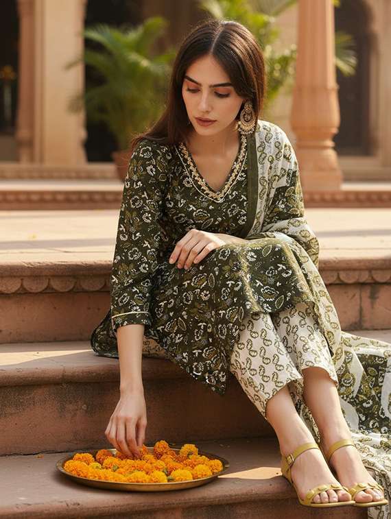Women Floral Olive Suit Set - 22453971 -  Standard Image - 4