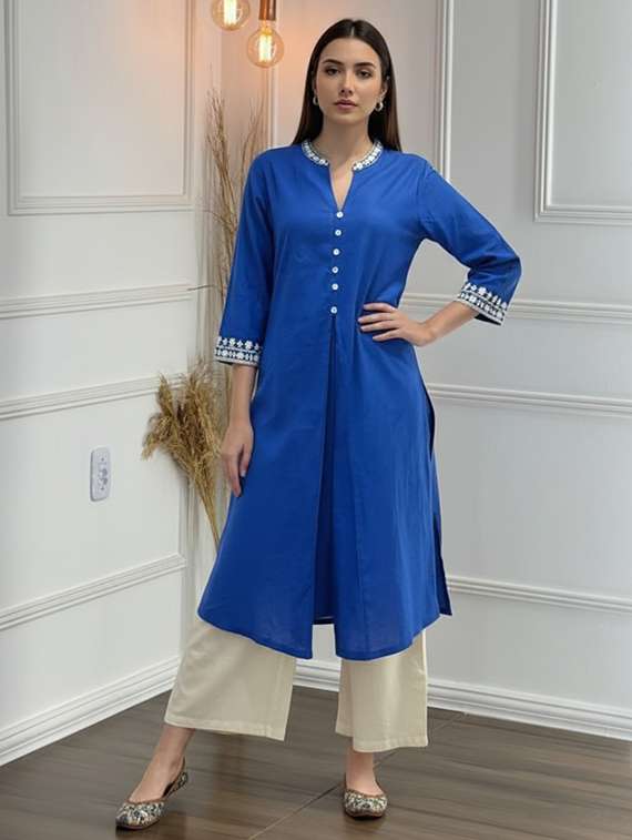 women solids blue kurta pant set - 22453977 -  Standard Image - 1