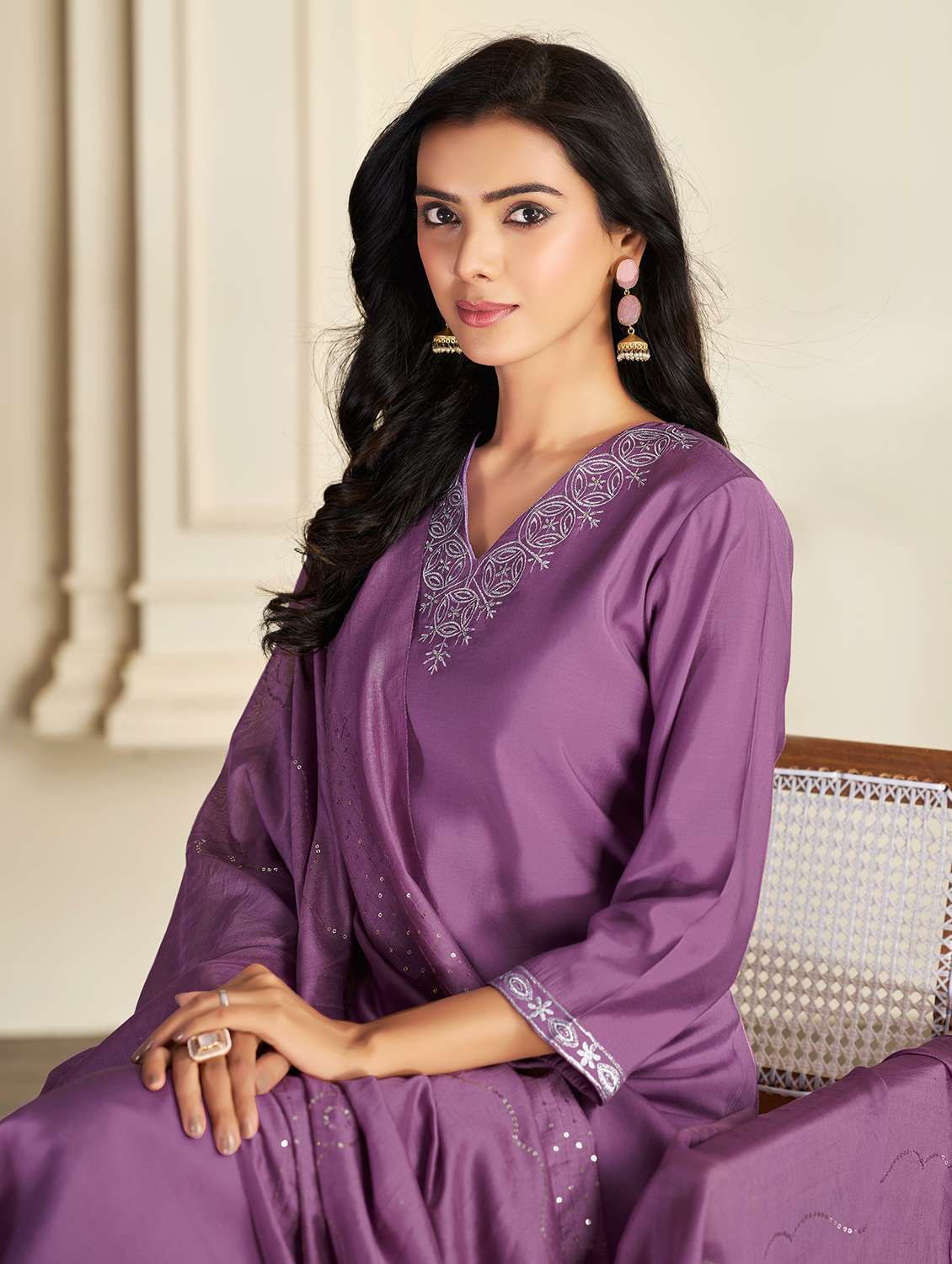 women self design purple suit set - 22454004 -  Standard Image - 1
