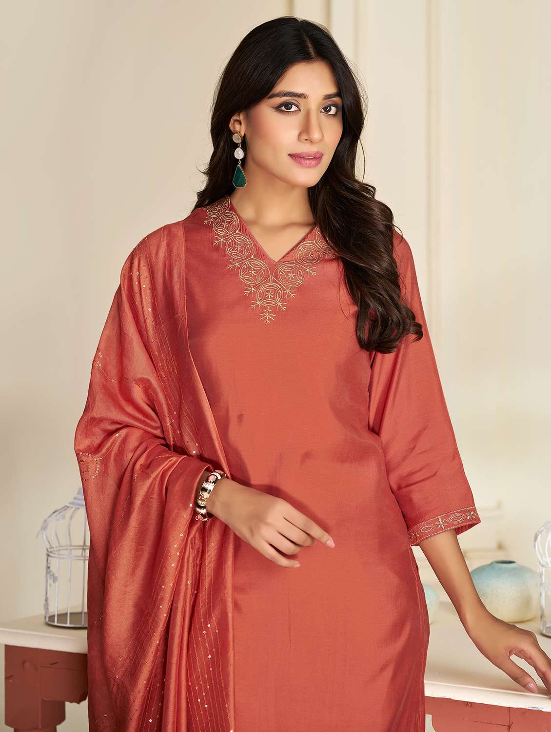 women self design rust suit set - 22454005 -  Standard Image - 1