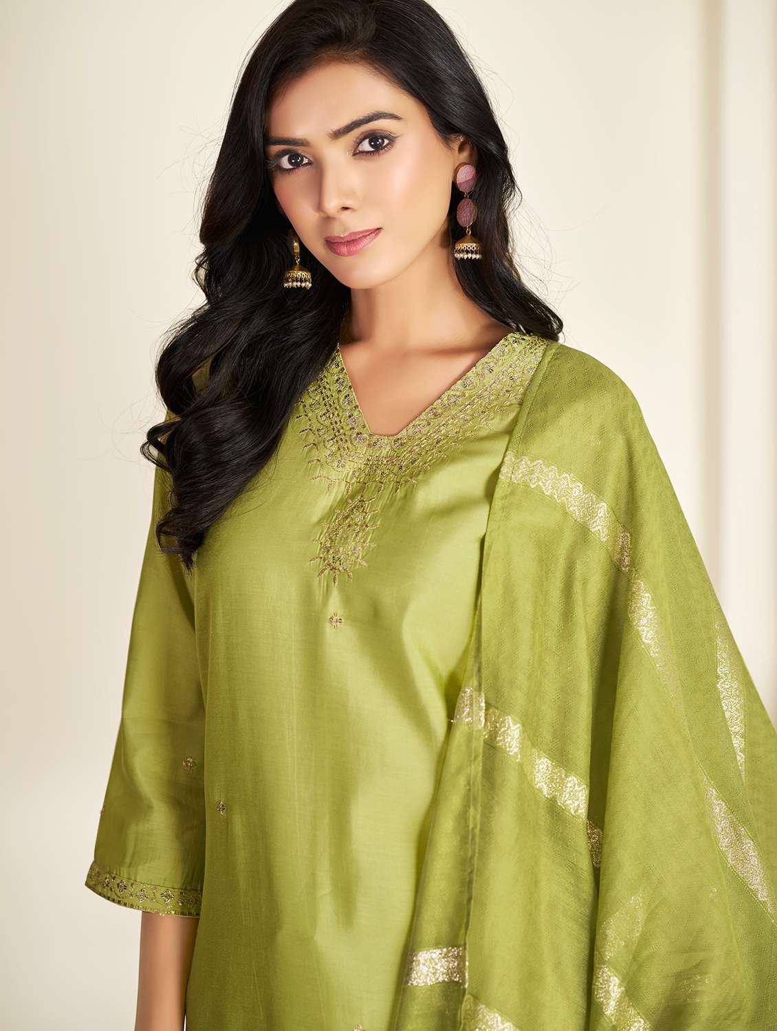 women self design green suit set - 22454006 -  Standard Image - 1