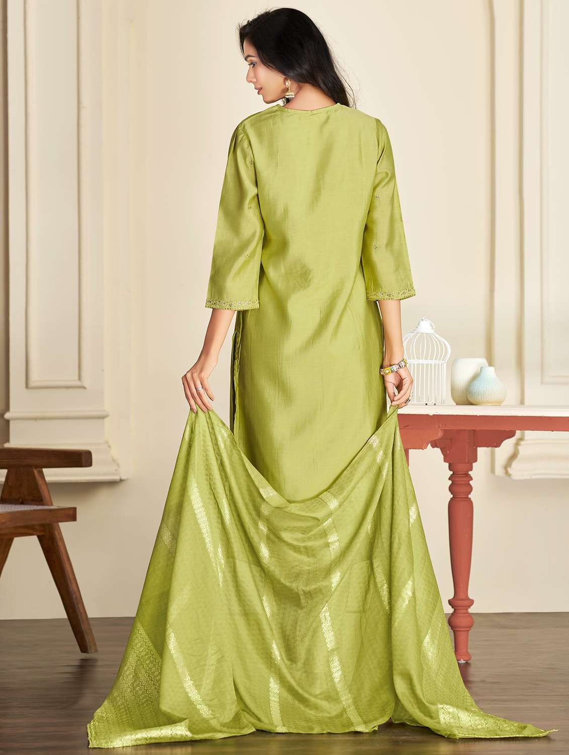 women self design green suit set - 22454006 -  Standard Image - 4
