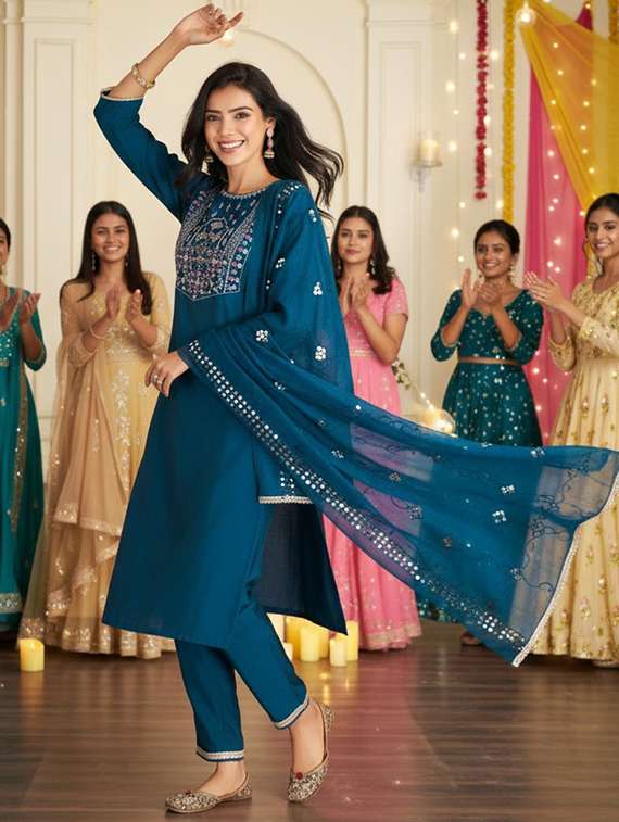 women teal suit set - 22454012 -  Standard Image - 4