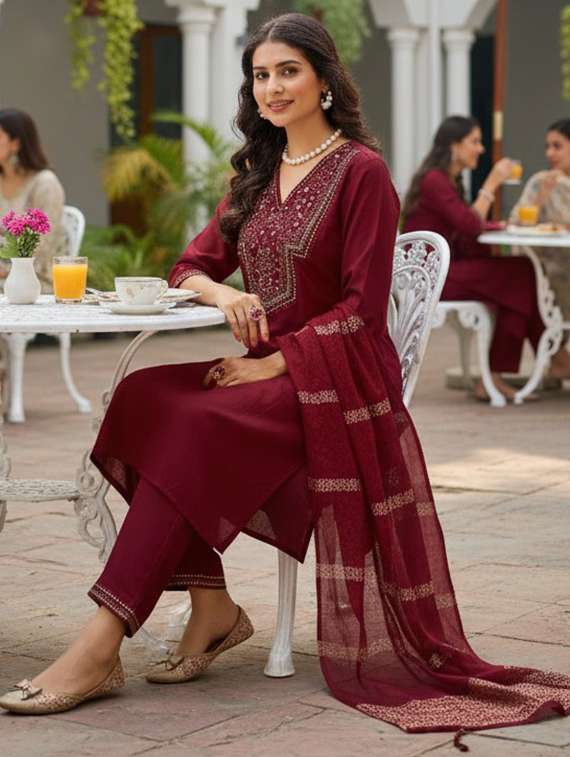 women maroon suit set - 22454018 -  Standard Image - 4