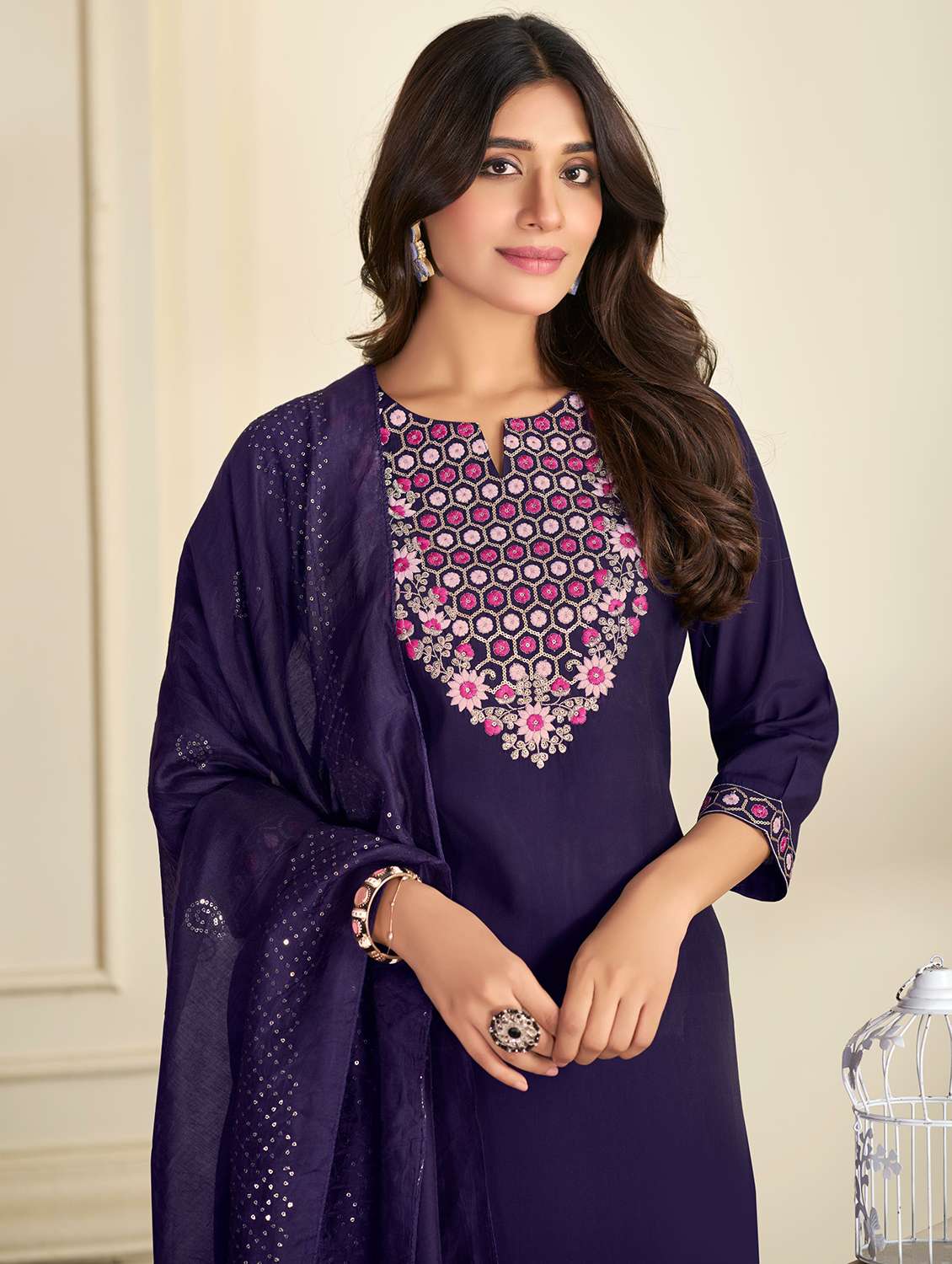 women purple chanderi embroidered suit set festive wear - 22454020 -  Standard Image - 1