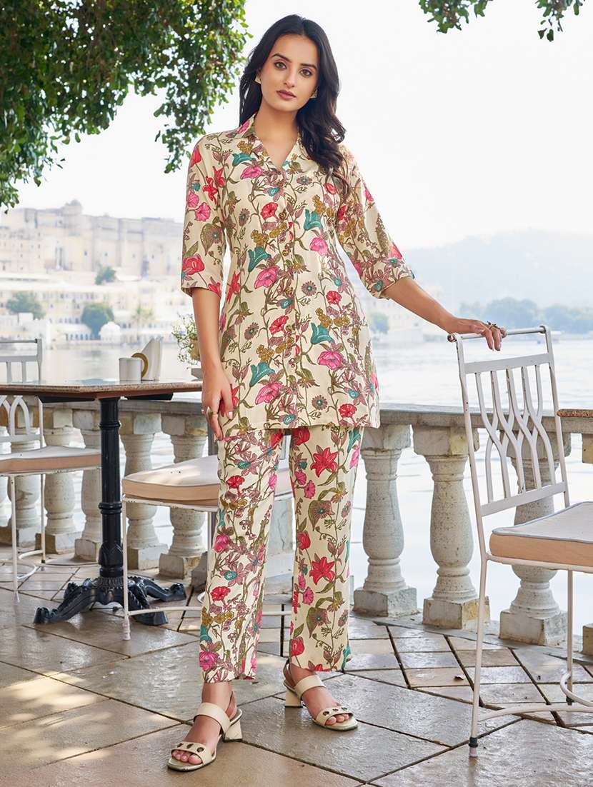 women floral three quarter sleeve ethnic co-ord set