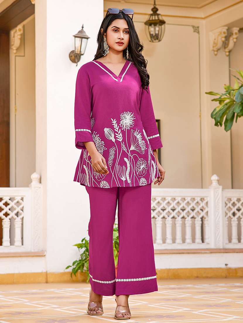 women solid with work three quarter sleeve ethnic co-ord set